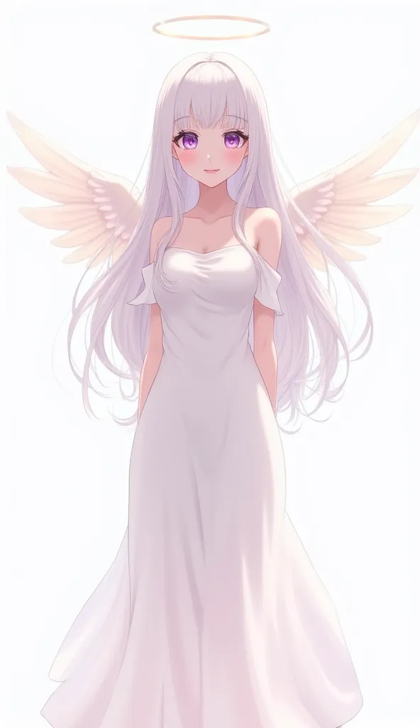 cute female angel，2D Anime Character Edition，White Long Hair ，bright purple eyes，wears long white dress，Adult Full Body Figure，The mouth is very small，Super fair skin，The expression is super shy