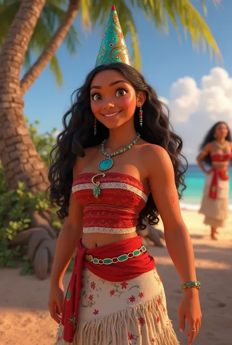 "Create a high-quality image that captures the essence of Moana 2 at a birthday celebration. The scene must include Moana, with her new design and costume from the sequel,  In a festive atmosphere . Imagine that you are celebrating a birthday .