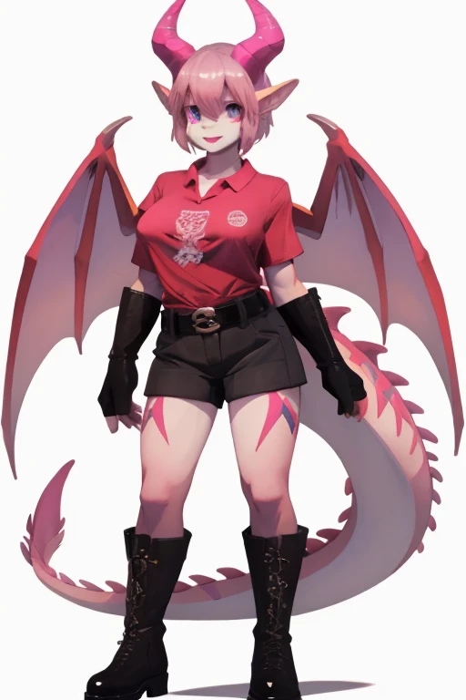 female, magenta eyes, anthropomorphic dragon, pink scales, pink wings, gold markings, (((1girl))), (((red shirt))), (white short shorts), (black belt), (black boots), (black fingerless opera gloves), cute and sexy, full body, huge breasts, long legs, smili...