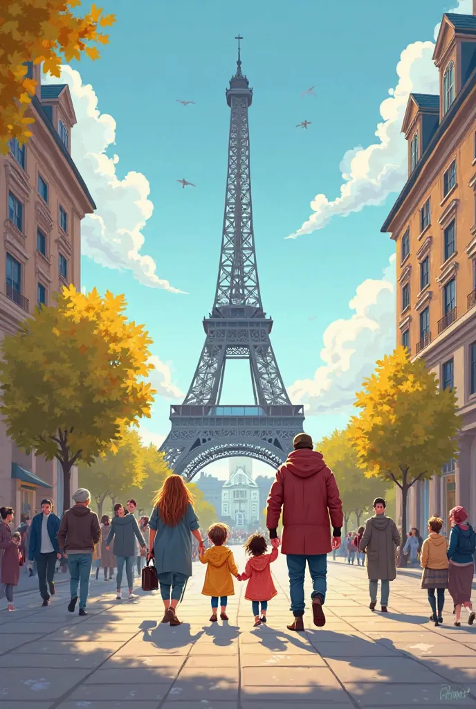 This family travels to France, they visit the famous monuments (Eiffel Tower) and the Louvre Museum (cartoon).