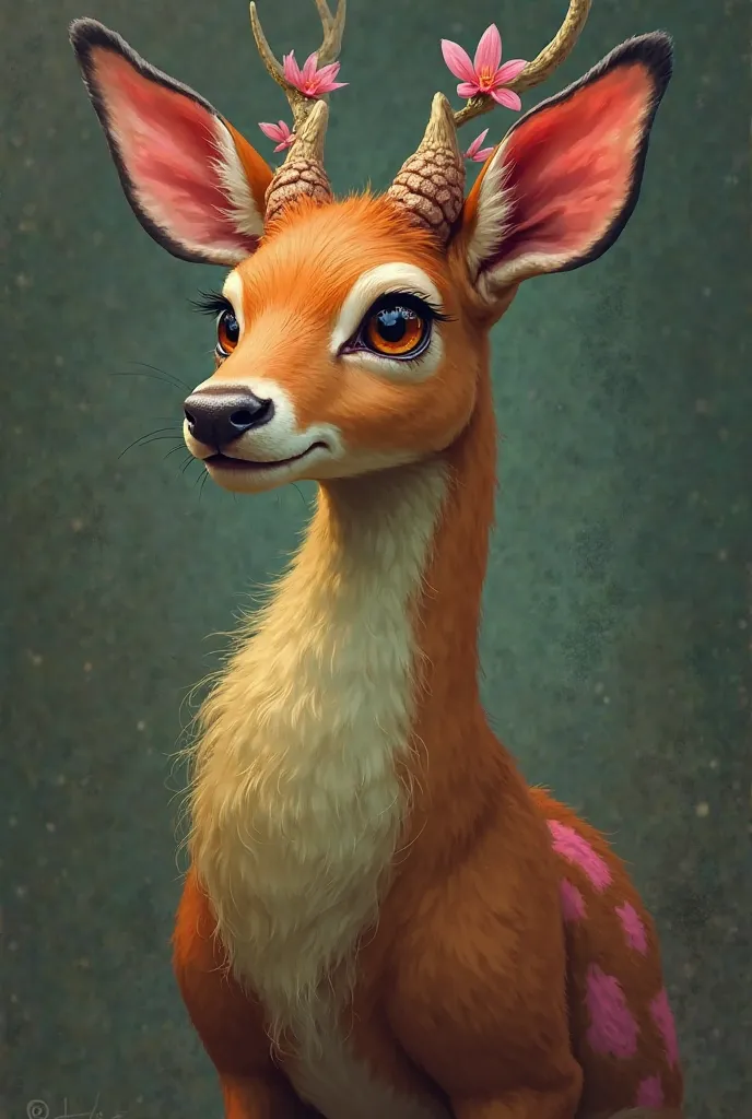  dark fantasy digital painting illustration subrealistic . A pretty young hybrid similar to a deer, with the fur on her neck in shades of green,  yellow , orange and red, and the fur on her body brown with pink spots, with brown eyes and small horns with p...