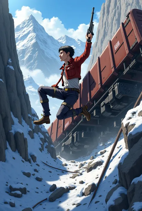 Eren Jeager (Aot uniform) injured hanging from a derailed train and sloping into the void, destroyed in the rubble, on the snowy mountains, equipped with a gun while shooting at enemies, anime style,