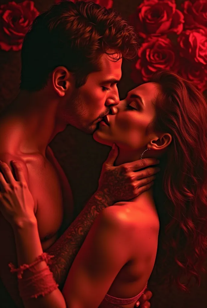 Dramatic image of a womans neck and a mans hand around it. The mans hands are veiny and muscular while the womans neck is delicate. His face is buried in the crook of her neck while she has her eyes closed. The overall aesthetic is red and steamy. There ar...