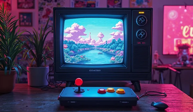 Create an image in the retro vintage style with strong reference to the universe of classic video games. The background must have a nostalgic and flashy visual, inspired by the arcades and consoles of the years 80 and 90. The aesthetic should remind old ar...