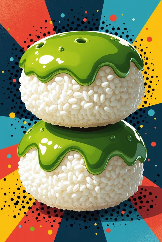 A bold Pop Art + Cubism fusion of Malaysian Kuih Seri Muka, featuring its iconic two-layered design—vivid green pandan custard on top and soft white glutinous rice at the bottom. The layers are exaggerated with sharp geometric edges, bold black outlines, a...