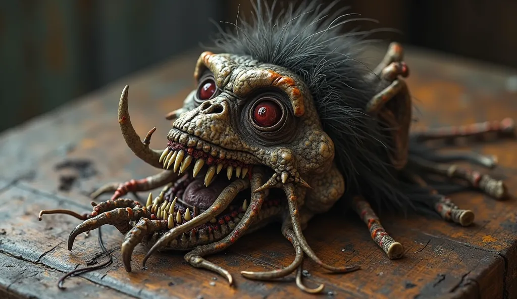 Create an image of a voodoo amulet with bones, hair and teeth tied to a monkey's armoured leg on an old wooden table