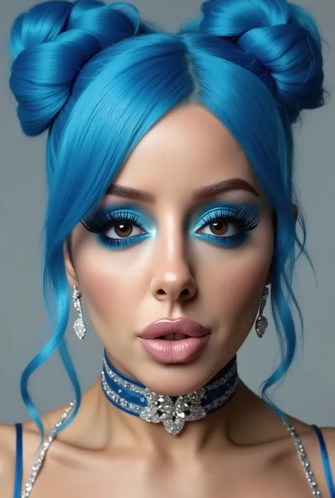 incredibly long and voluminous eyelash extensions, bright blue makeup, blue hair , diamond earrings , collar, blue lips, making a pouty kiss face with her lips puckered out., bow-shaped hair ,