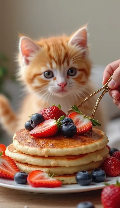 Lots of strawberries and blueberries
The pancake on it

Trying to eat

cute kitten standing

I'm wearing a dress

Facing forward

As real as the picture

No people