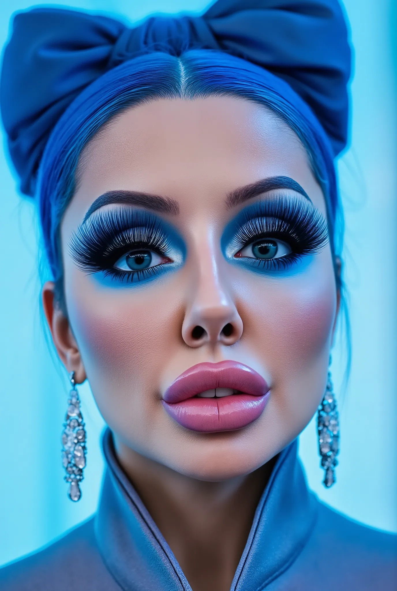 incredibly long and voluminous eyelash extensions, bright blue makeup,  blue hair ,  diamond earrings  , collar, blue lips, Her lips are puckered up.,  bow-shaped hair , 