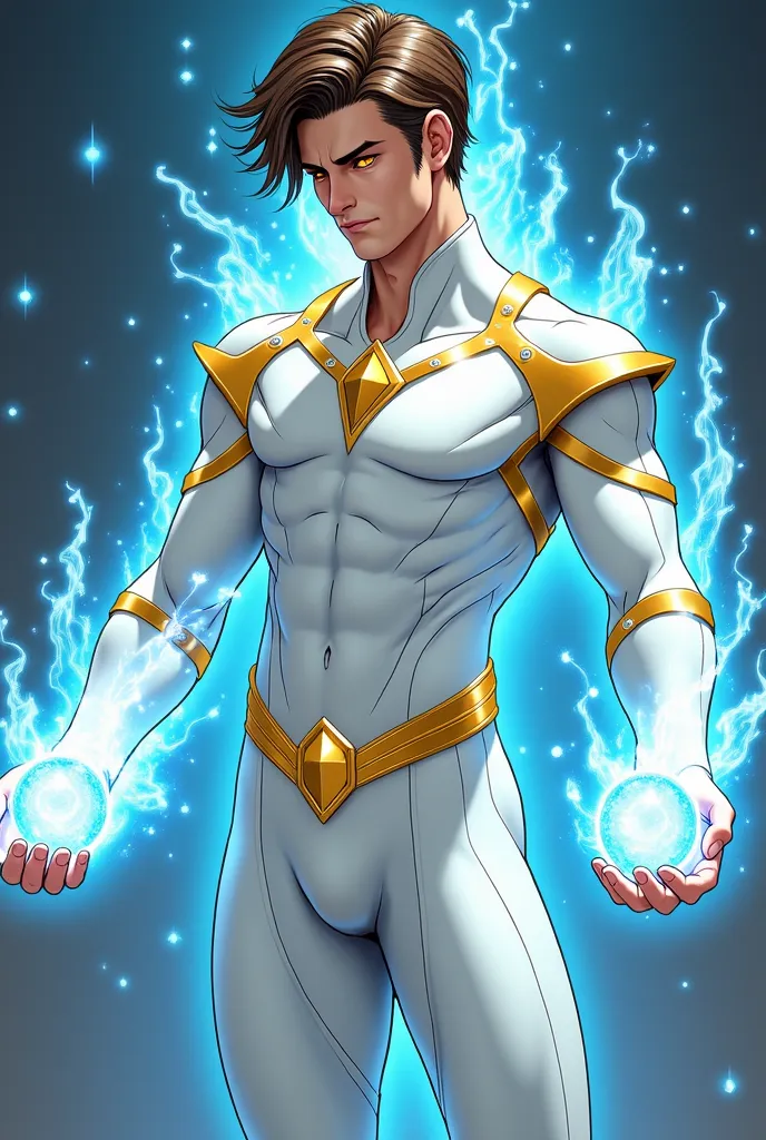 “Full Body. A Teleporting Magic-powered 25-year-old Caucasian, Olive-toned White male Hero in a white skin-tight muscle-defining outfit with gold metal details and sky-blue inclusions. He is creating Gold magic spheres with around his hands. A sky-blue ene...