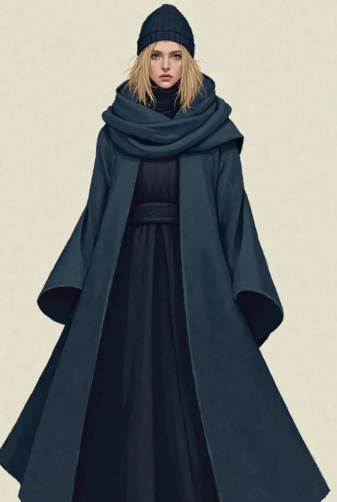 Black Beanie, long navy blue robe that goes down to the ankles, Blonde, Head that falls below the shoulders, Matted Marie, Serious and proud expression,  Game character illustration , female