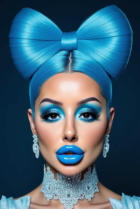 incredibly long and voluminous eyelash extensions, bright blue makeup, blue hair , diamond earrings , collar, blue lips, A woman with fish lips, bow-shaped hair ,
