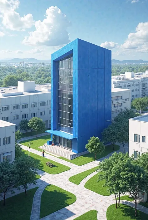 create a blue building and white school campus 