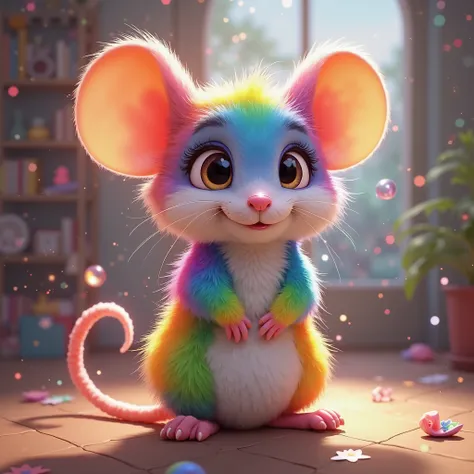 Animated mouse , Fluffy , Rainbow color , big round eyes , Beautiful smile , Eyelashes  ,  stand upright