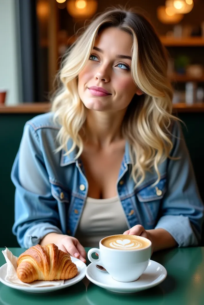 A 27-year-old young woman with a curvy body and medium-length wavy blonde hair, perfectly styled, sitting at a table in a cozy café. She has natural makeup with an emphasis on pink lips and blue eyes, her deep gaze directed slightly to the side with a drea...