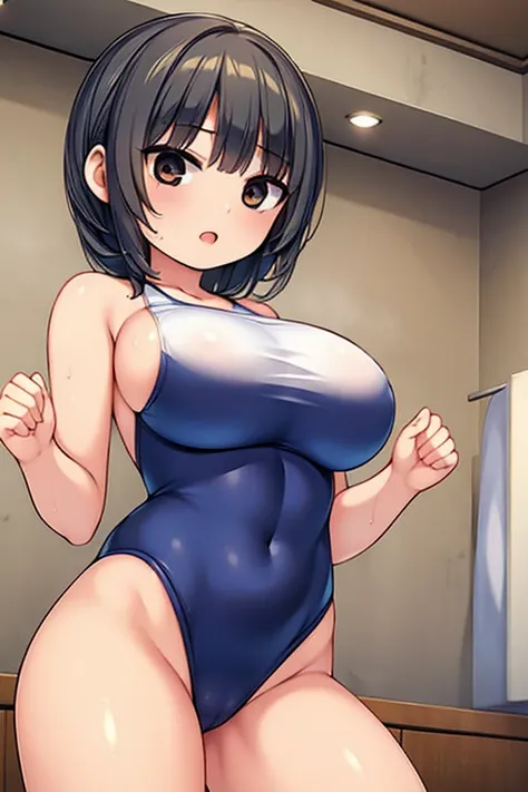 (( Top Quality)), (( masterpiece)), (  exhaustive),  1 girl,  active girls 、 school swimsuit、Raise your body line、 Seductive Body 、baby face、 abs 、cute、Big Breasts、 changing room