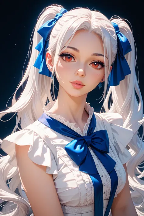 White hair, bare twin tails, red eyes, blue, left eyes, blue, with ribbons attached to twin tails during sex