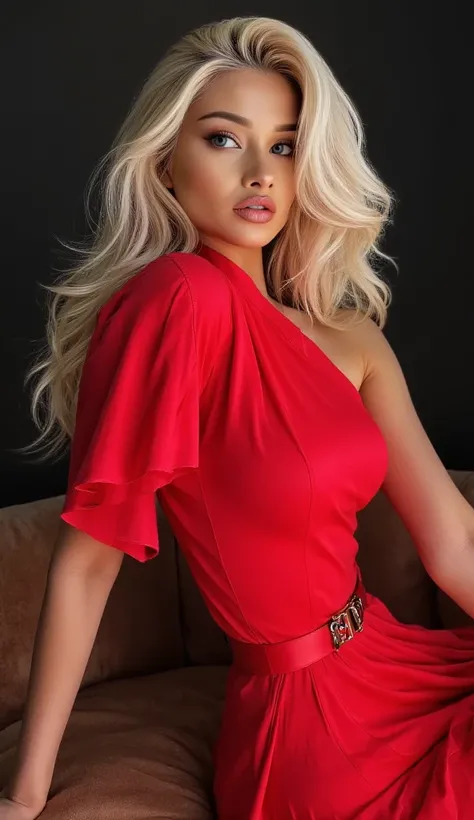 Vlad Glukhova, blonde instagram model, sitting on a chair in elegant room, she dressed in red dress gown, the image highlights her red shiny high heels stiletos, the image exludes elegant feel with fashion, emphasizes the color red. 8k, high qyality, proff...