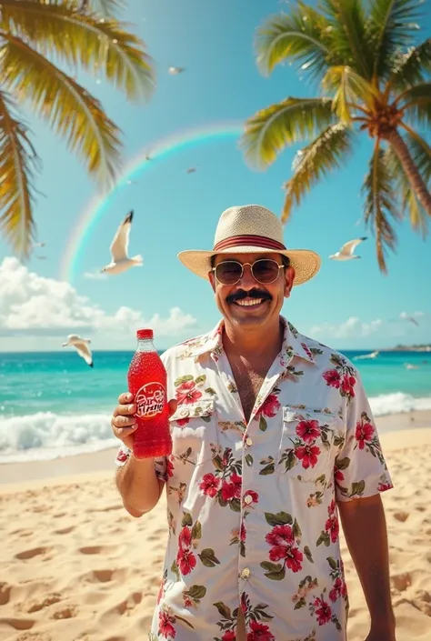 A tropical advertisement featuring El Chapo on a Hawaiian beach, wearing a white Hawaiian floral shirt. He is smiling confidently, holding a cold bottle of Tang Red Cherry drink with visible water droplets on it. The background showcases a stunning tropica...