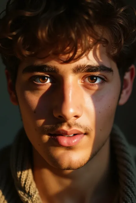 Ultra-detailed close-up portrait of a20-year-old young man, captured in hyper-realistic8K resolution. His face is illuminated by soft, golden-hour sunlight cascading from the left, casting delicate shadows that accentuate his sharp, youthful features—a str...