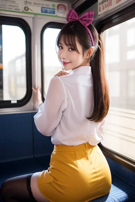 The scene is inside a Japanese suburb train. It depicts a fit Japanese woman of twenty-five years old, sitting in the train and wearing a light and dark purple plaid skirt, a buttoned white blouse with a purple collar and a yellow bow and thigh-high black ...