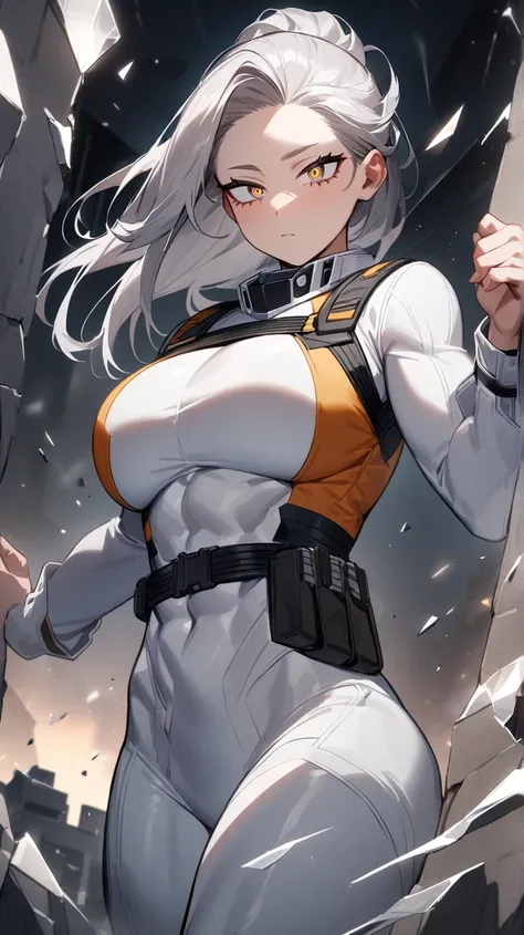 1teenager, female focus,athletic body, tall, fair skin,slick back silver hair medium length,hazel eyes,boku no hero academia,eyes on camera, masterpiece, best quality, very aesthetic,scar crossing the eyes,abs, scars on body, big breast,shattered mirrors,e...