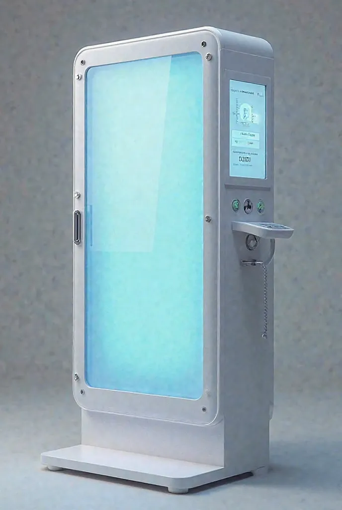 Healthcare kiosk with body temperature checker, blood pressure checker, heart rate checker, height check, and weight checker and an interface LCD. Make the blood pressure checker on the right side. Make the design curve for the sensor of height and a stand...