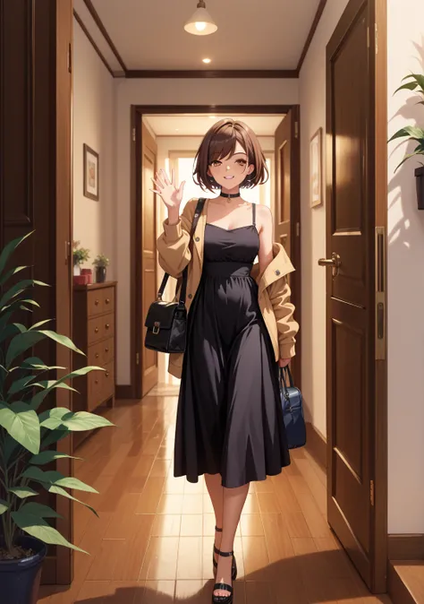 nsfw,evening,one girl,,short hair,straight hair ,brown hair,brown eyes,swept bangs,black dress,bag,lounge,walking,,Fat men,open the door,black choker,slender,hold one's jacket in one's hands,with one hand raised and waving,indoor