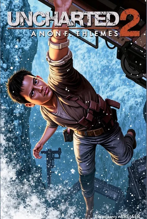 Eren Jeager (Aot uniform) injured hanging from a derailed train and sloping into the void, destroyed in the rubble, on the snowy mountains, equipped with a gun while shooting at enemies, anime style,