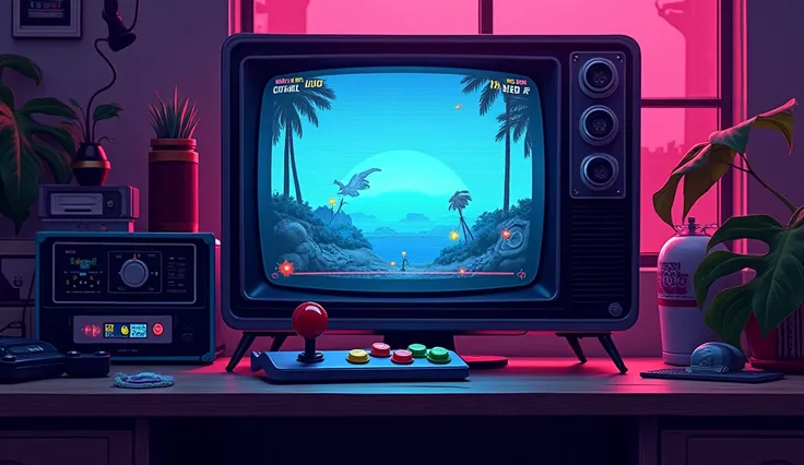 Create an image in the retro vintage style with strong reference to the universe of classic video games. The background must have a nostalgic and flashy visual, inspired by the arcades and consoles of the years 80 and 90. The aesthetic should remind old ar...