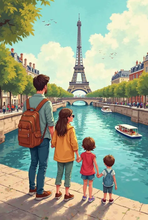 Cette famille voyage en France ils visitent la Seine  cartoon