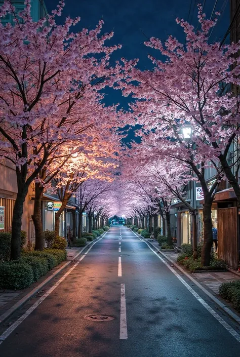 street with a lot of cherry blossoms, a picture by Kanbun Master, flickr, shin hanga, in a japanese town at night, japanese street, 2 4 mm iso 8 0 0 color, sakura season dynamic lighting, japanese downtown, in city street at night, japanese city at night, ...