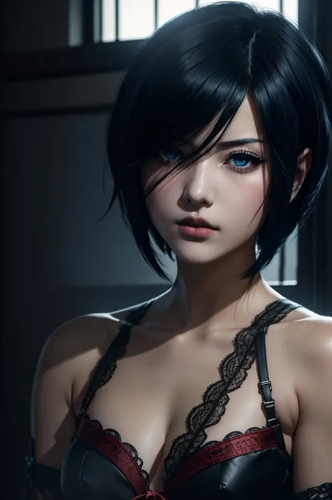 Kirishima Touka , Tokyo ghoul  > "Hyper-realistic gothic girl, short black hair covering one eye, deep blue eye, perfect skin , wearing a detailed red and black corset dress with lace and ribbon details, dark fantasy atmosphere, cinematic lighting, ultra H...