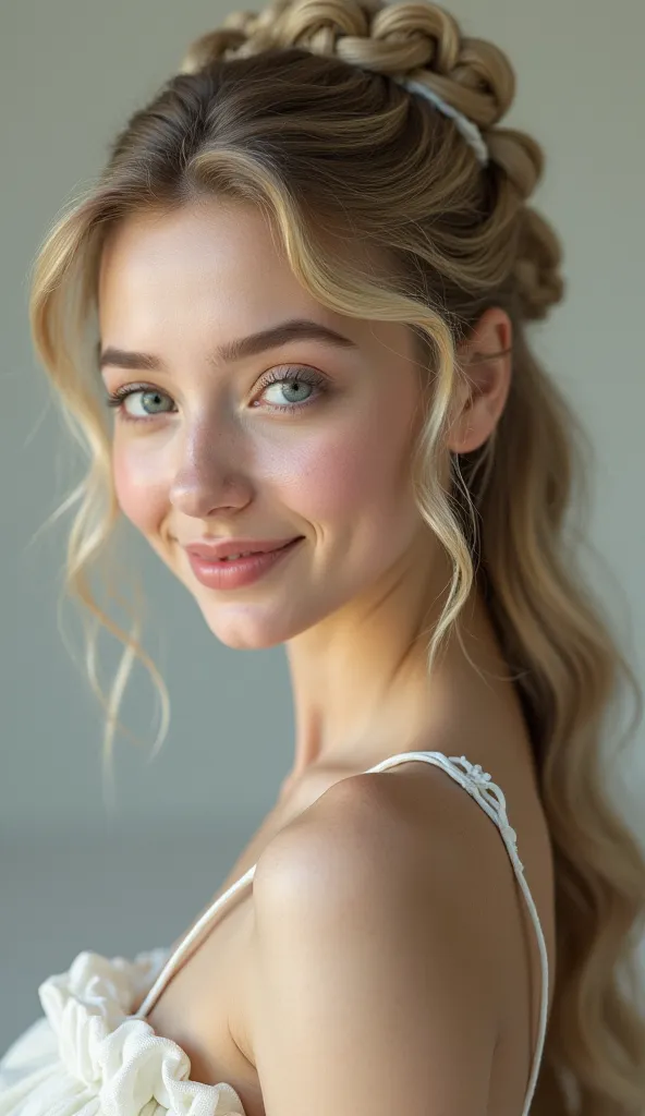 Woman with very long hair knotted light blonde in fashionable styling, smiling at the camera.