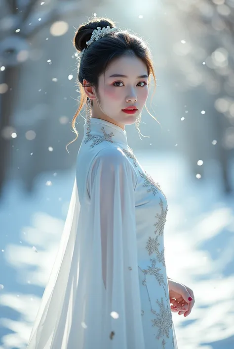 Beautiful Girl， Chinese style， tall， and xiǎo ，big eyes，cheongsam，Standing on a cute sleigh，Five fingers slender， white cape，Snow