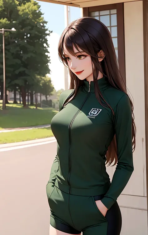 woman , long hair brown, normal, dark, she is solo, from alternative world ,best quality, realistic, cycling (full dark green color) suit and cycling sports black shorts, she is stand , smile, red lipstick , 