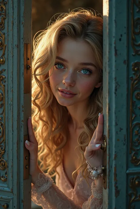 a beautiful girl with blue eyes from appearing behind the door