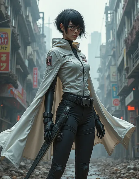  Woman with Black Hair Shortcut Hair,  laser blade２Knife Flow, Glasses, nurse clothes,  cybersuit wearing a cape,  Ruined City