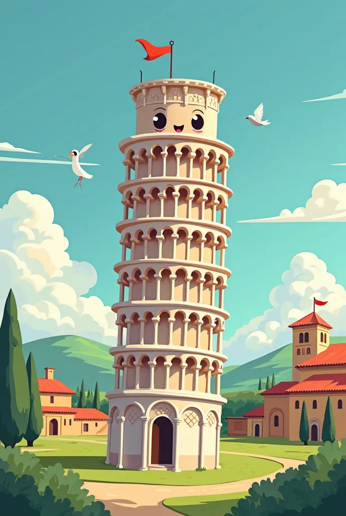 Beautiful cartoon view of the Tower of Pisa 