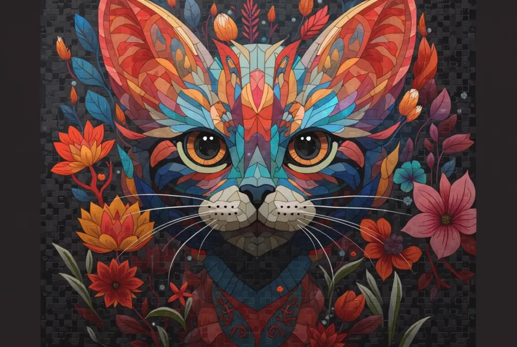 Highly detailed mosaic-style portrait of a cute kitten composed of numerous colorful flower petals and leaves, vibrant and intricate design, reminiscent of andré ruelan's style, set against a dark background with subtle floral patterns, 4K resolution, high...