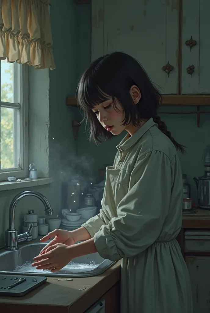 A crying girl washing dishes 
