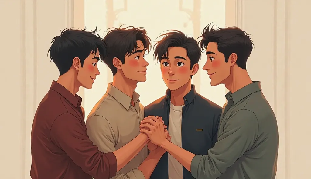 "Four brothers shaking hands and embracing each other, promising unity."