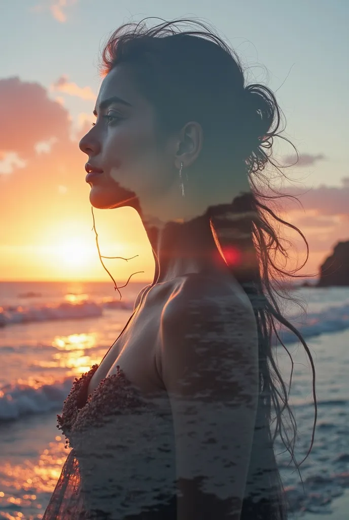 high quality, 8K ultra HD, Una hermosa  double exposure que combina una silueta de diosa con la costa al atardecer, the coast at dusk should serve as a backdrop,  with its details incorporated in the goddess, sharp lines, The background is monochrome, shar...