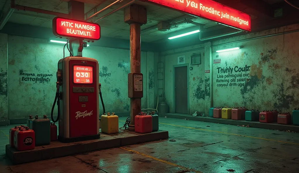 A dystopian gas station with a vintage fuel pump labeled 'PERTAMAX' standing alone in a dimly lit room. The pump is red and white, glowing faintly under the flickering neon light. Around it, dozens of scattered fuel jerry cans, some overturned with traces ...