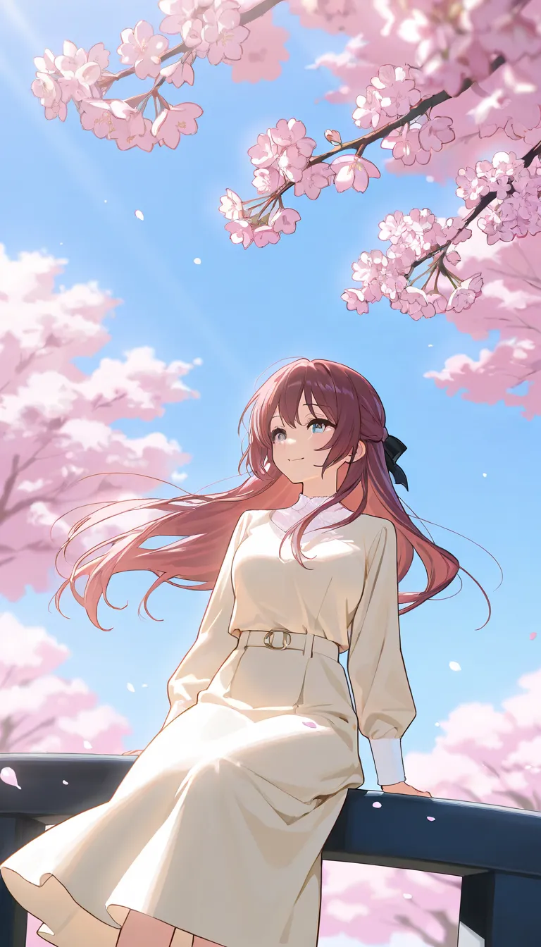 A beautiful Japanese woman in her 20s stands gracefully on a bridge, dressed in elegant office casual attire. She smiles gently as she gazes up at the sky, enjoying the peaceful moment. Beneath her, a breathtaking row of cherry blossom trees stretches alon...