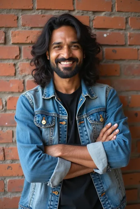 A highly detailed and realistic portrait of a South Asian man with medium-brown skin, long wavy black hair, and a warm, confident smile. He is wearing a stylish denim jacket over a black t-shirt, standing casually against a textured brick wall. His arms ar...