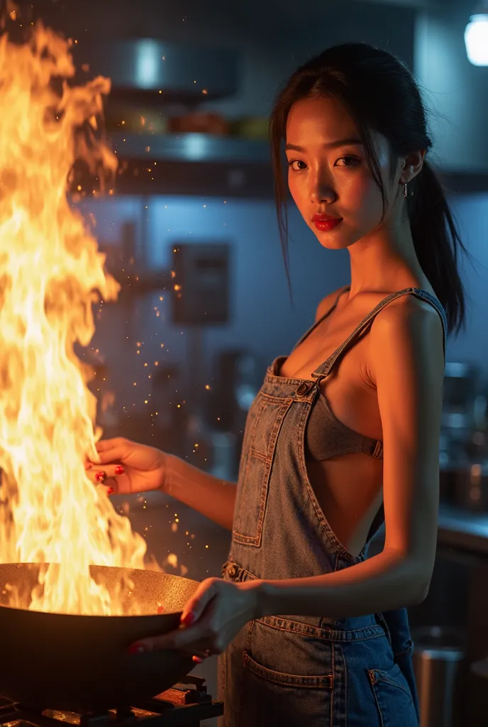 Beautiful Asian woman, 18 years.
Open chest, no buttoned shirt, Very large chest, size 45 inches,

A young woman with dark hair tied back is cooking in a dramatic, high-energy kitchen scene. She is wearing a loose-fitting denim apron with one strap falling...