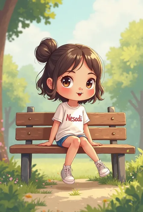 Create a little cartoon girl sitting on a bench wearing a t-shirt with the name Nesadi.