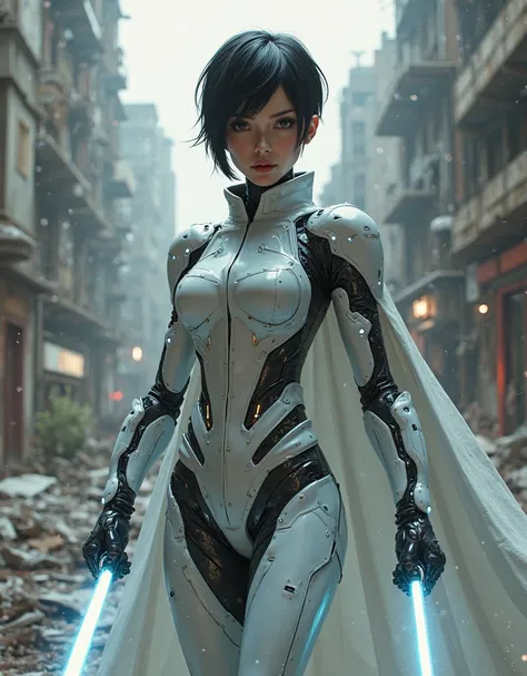  Woman with Black Hair Shortcut Hair, Female android,  laser blade２Knife Flow, nurse clothes,  cybersuit wearing a cape,  Ruined City