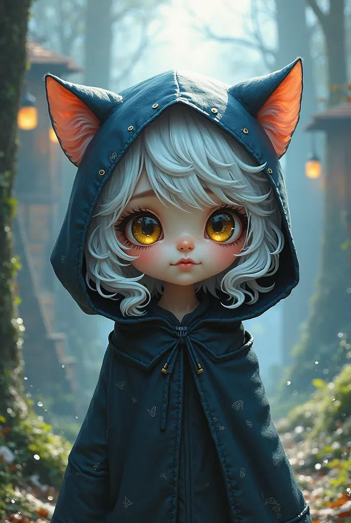 cute , little reaper, modern fantasy, white curly hair with blue fade, yellow eyes, neko hood
